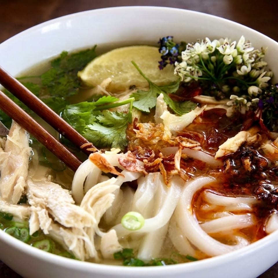 A white bowl of chicken pho with noodles, lime, cilantro, and chili oil, with chopsticks.