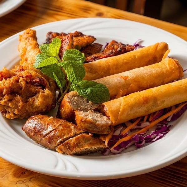 A white plate holds spring rolls, fried chicken, sausage, and mint on a wooden table.