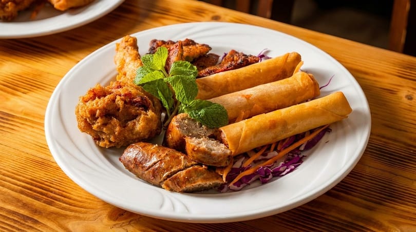 A white plate holds spring rolls, fried chicken, sausage, and mint on a wooden table.