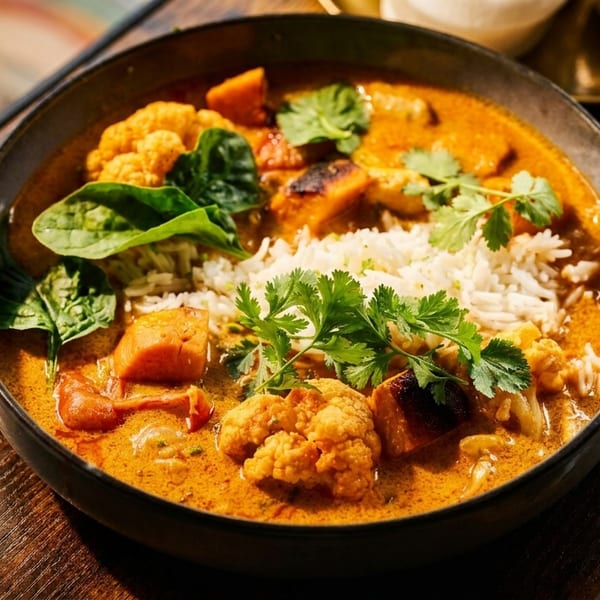 A bowl of vibrant orange curry with rice, cauliflower, sweet potato, spinach, and cilantro.