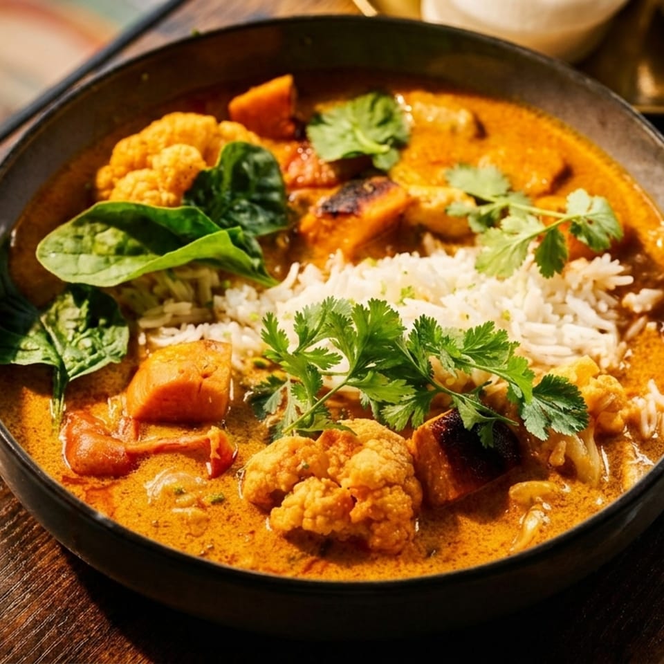 A bowl of vibrant orange curry with rice, cauliflower, sweet potato, spinach, and cilantro.