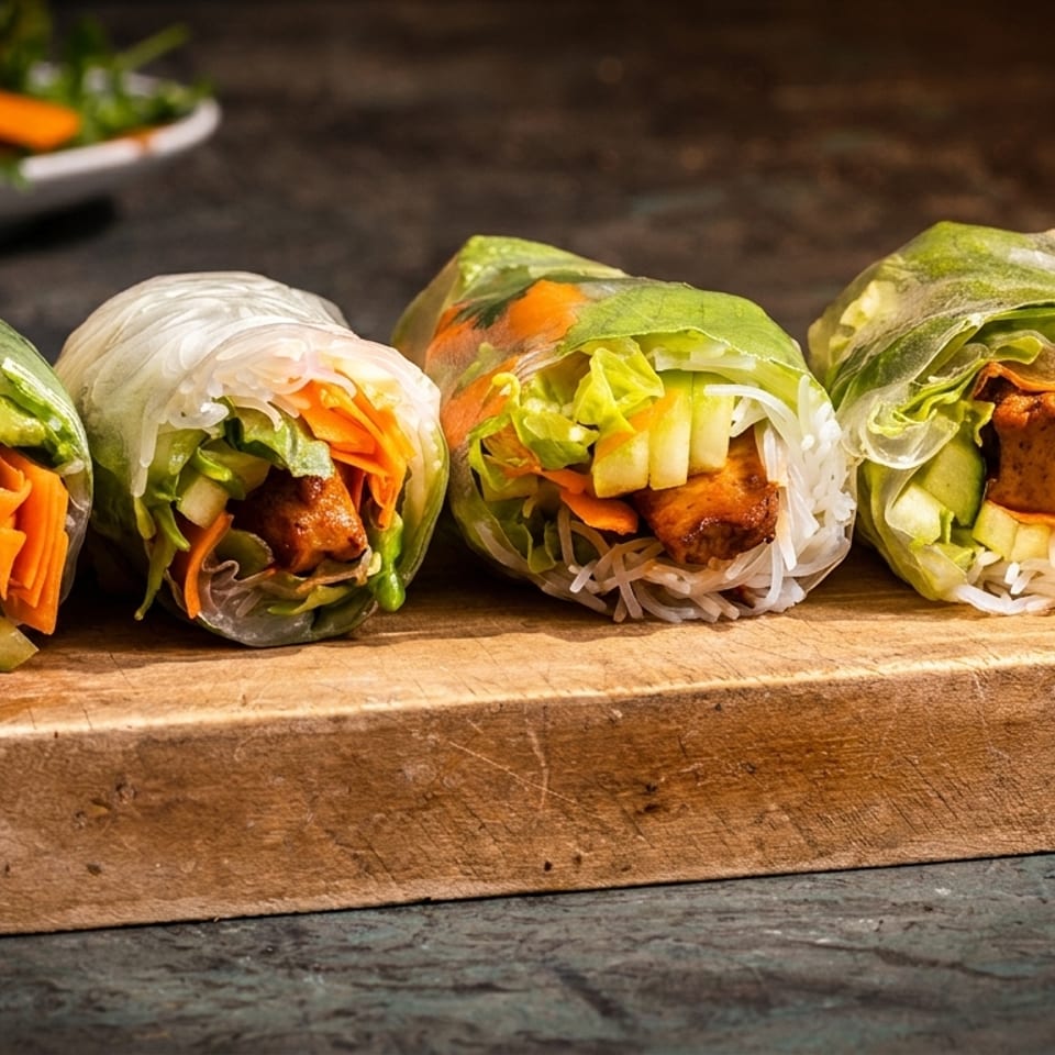 Four fresh spring rolls with tofu, rice noodles, lettuce, and carrots on a wooden board.