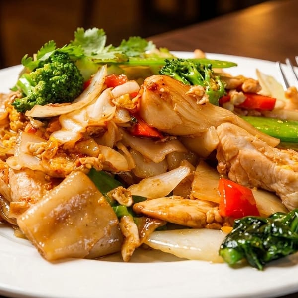 A close-up of a plate of Pad See Ew with chicken, wide noodles, broccoli, and other vegetables.