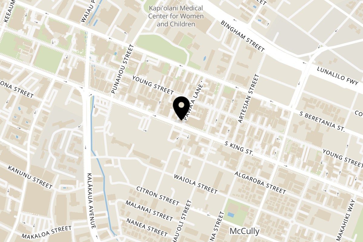 Map showing the location of Thai Grindz & Laos Cuisine on 1742 S King St in Honolulu